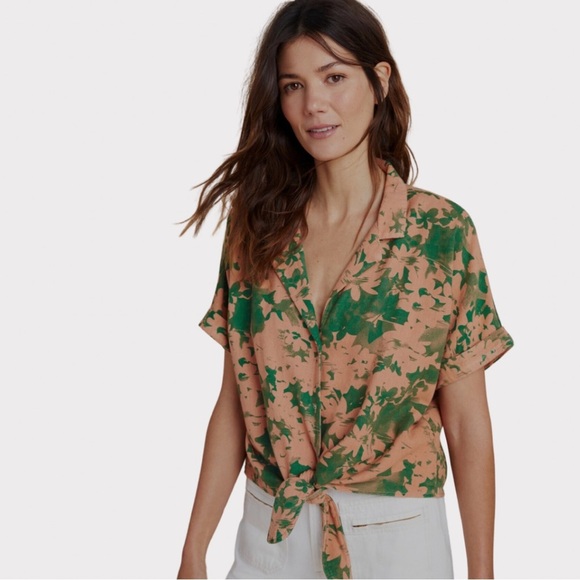 Amadi | Anthropologie | Maia Tie-Front Blouse | Linen Blend | Pink & Green | M - Picture 3 of 13